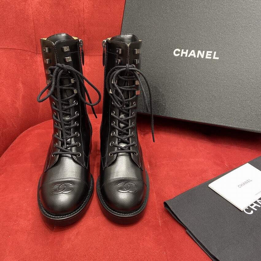 Chanel Calfskin Black Combat Lace-Ups Boots G34953