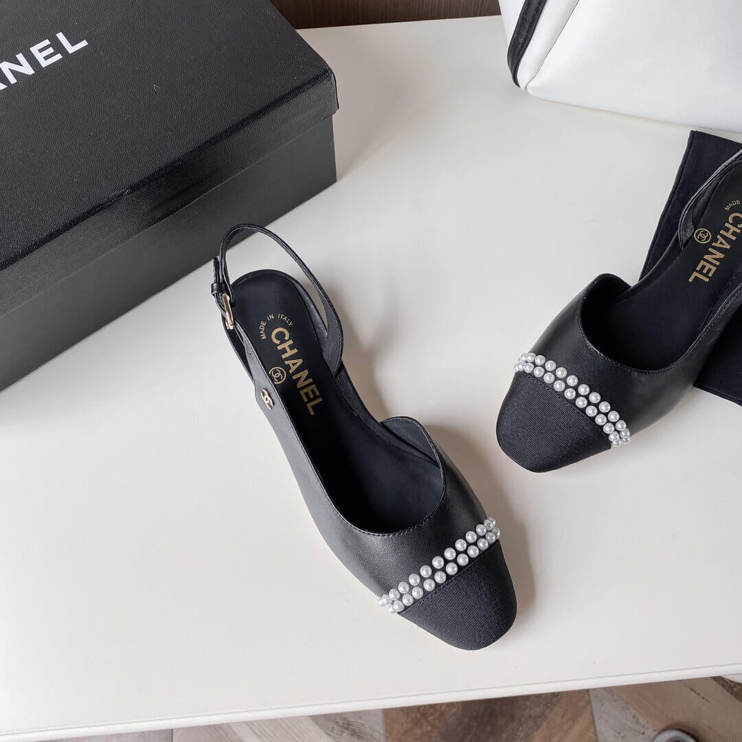 Chanel Pearl Embellished CC Cap Toe Flat Slingbacks 36125