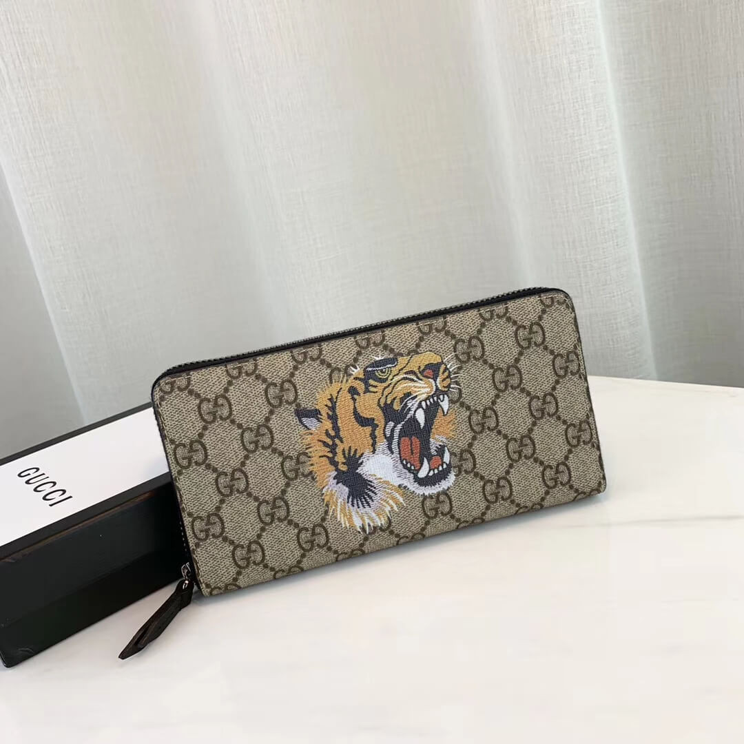 Gucci Angry Tiger Print GG Supreme Zip Around Wallet 451273