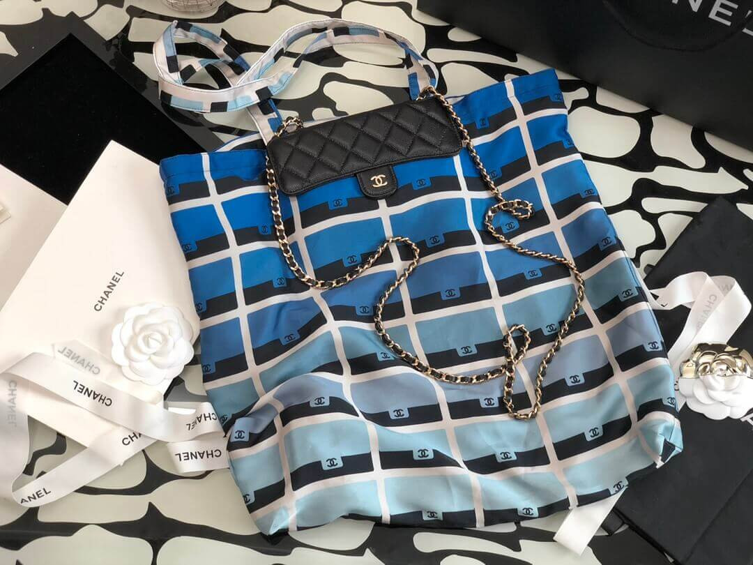 Chanel Printed Fabric Foldable Tote Bag With Chain AP2095 Blue