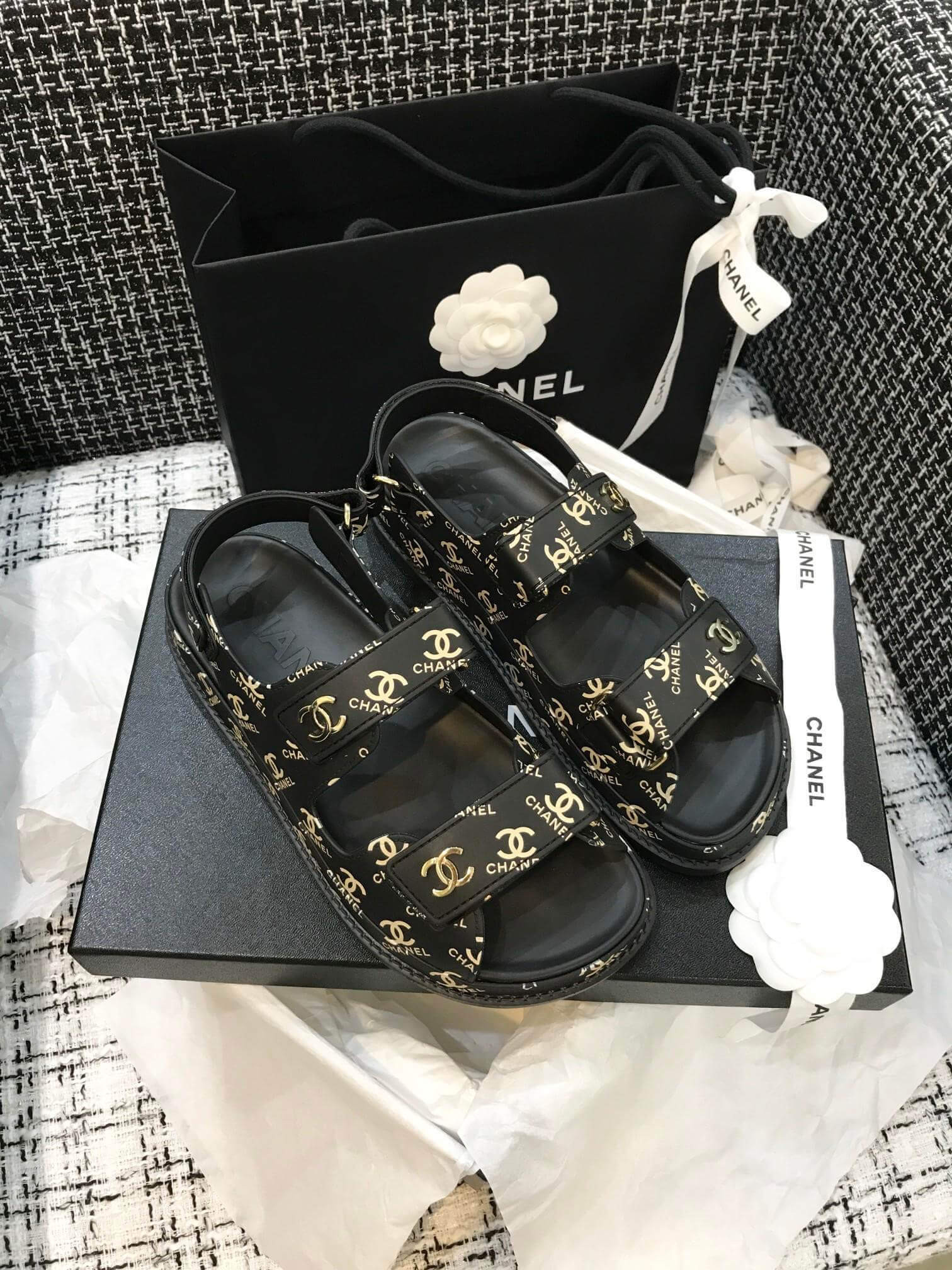 Chanel Velcro Sandals G31848 Black/Gold