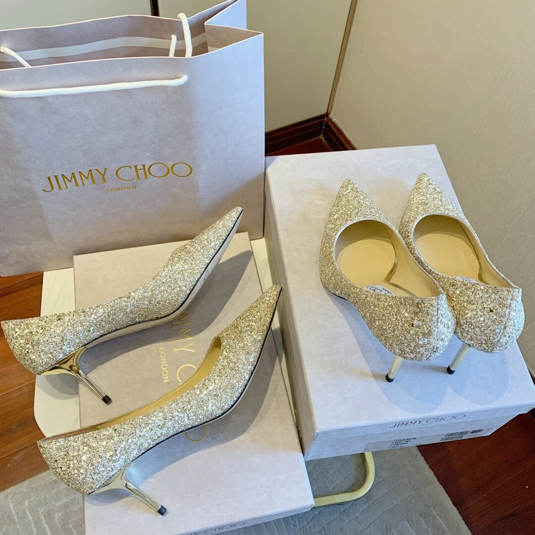 Jimmy Choo Gold Romy Glitter Fabric Pointy Toe Pumps 120011