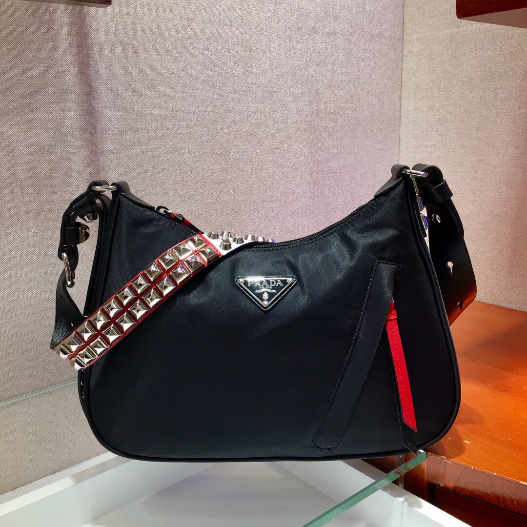 Prada Nylon Hobo Bag With Leather And Studs 1BC087