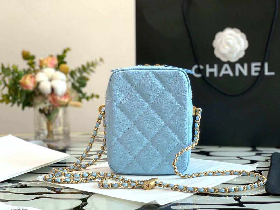 Chanel Caviar Calfskin Pearl Crush Gold Ball Phone Clutch With Chain 99098