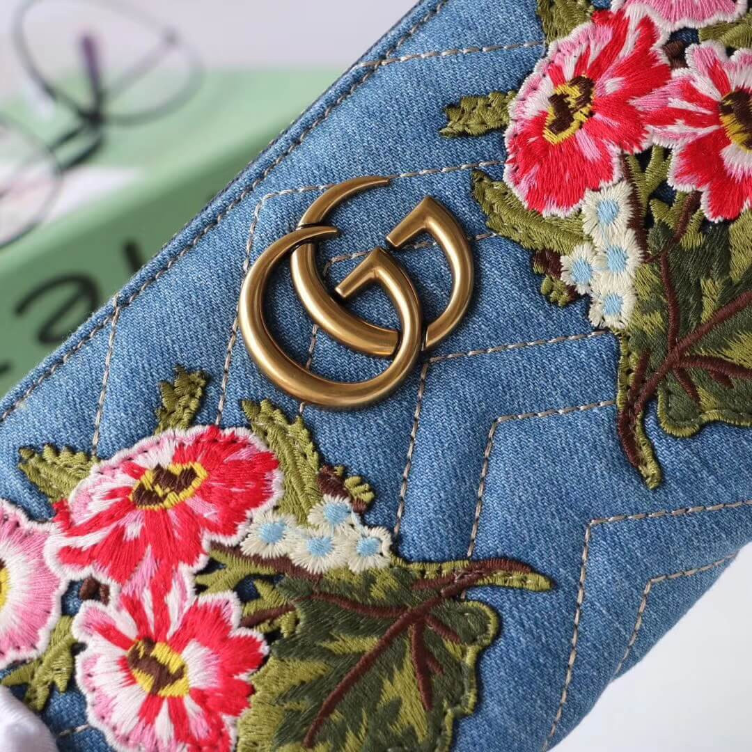 Gucci Denim Print Applique Zip Around Wallet 443123