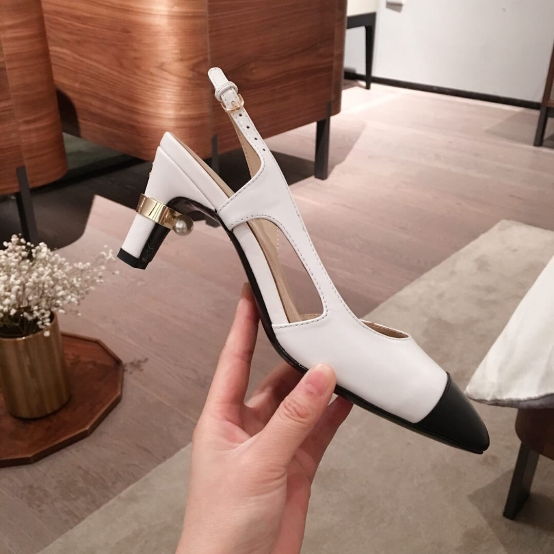 Chanel CC Cap Toe Leather Pearl Heel Slingback Pumps G31318