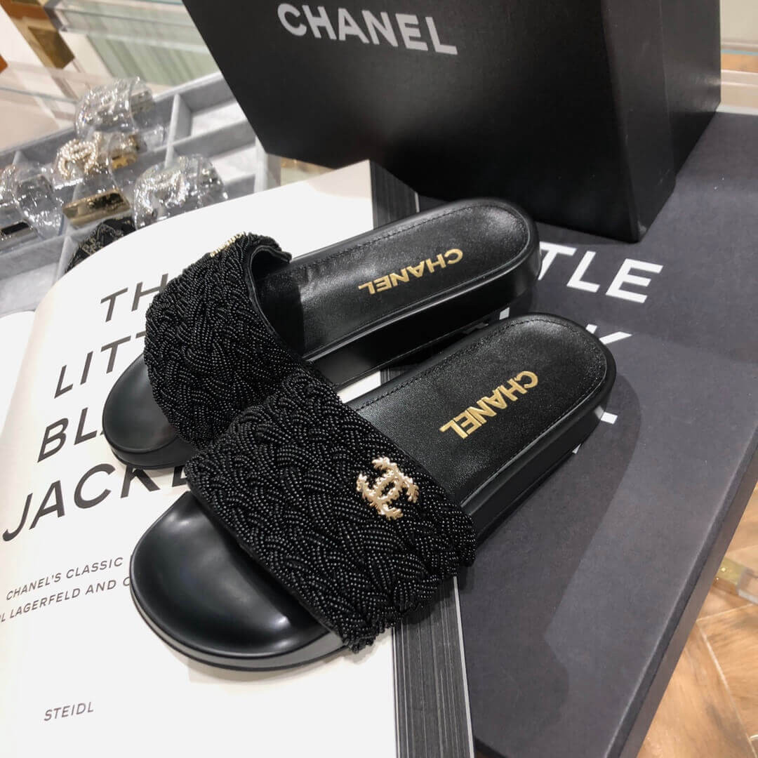 Chanel Pearls & Lambskin Black Mules G35696