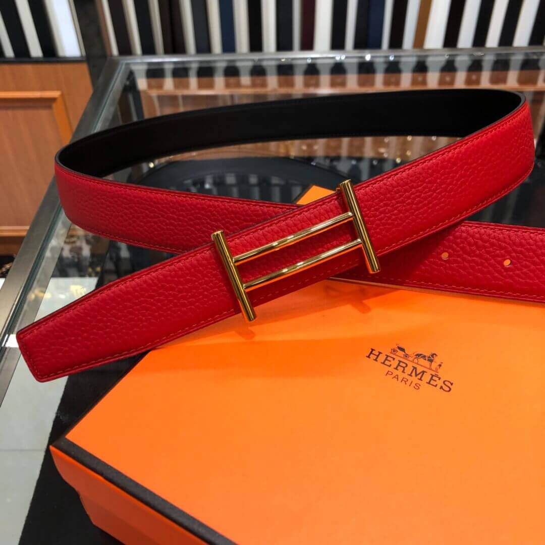 Hermes Rider Belt Buckle & Reversible Leather Strap 32mm H075372 Red/Black