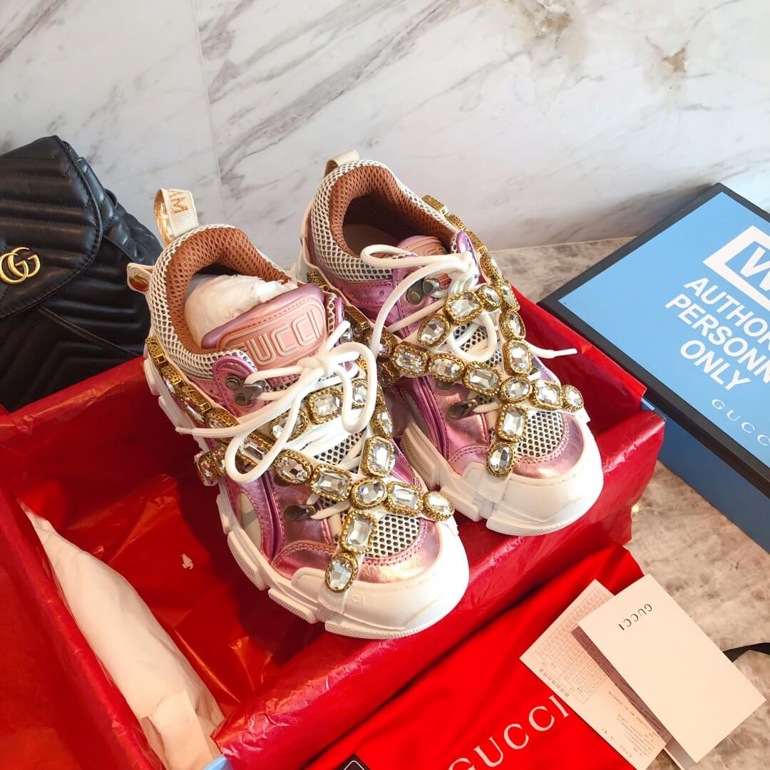 Gucci Flashtrek Sneaker With Removable Crystals 537133 Pink Metallic