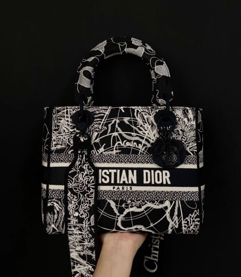 Christian Dior Medium Lady D-Lite Bag Black and White Around the World Embroidery M0565