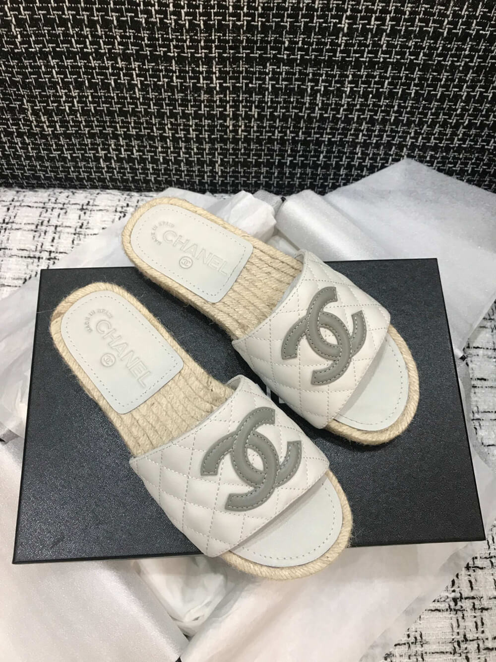 Chanel CC Quilted Mules G35604 White/Grey