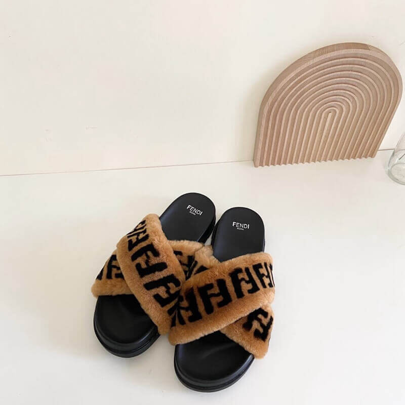 Fendi Logo Shearling Fur Slides Sandals F126
