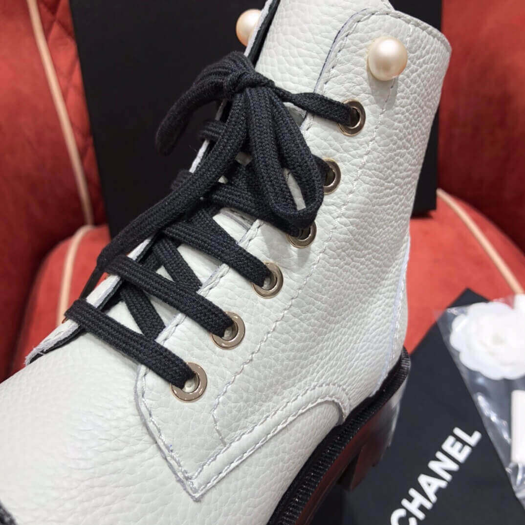 Chanel Pearl Embellished Ankle Boots G36209 Black/White