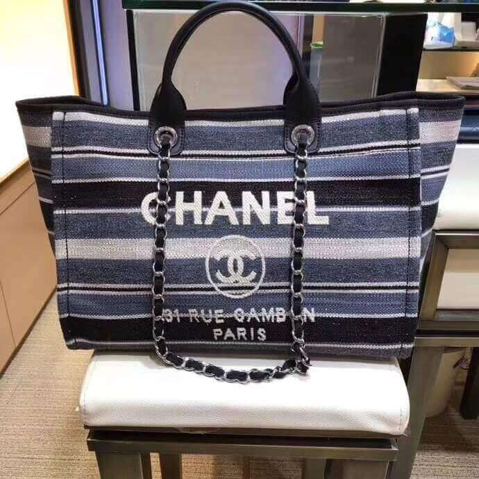 Chanel Deauville Black Grey Striped Tweed Canvas Tote A66941