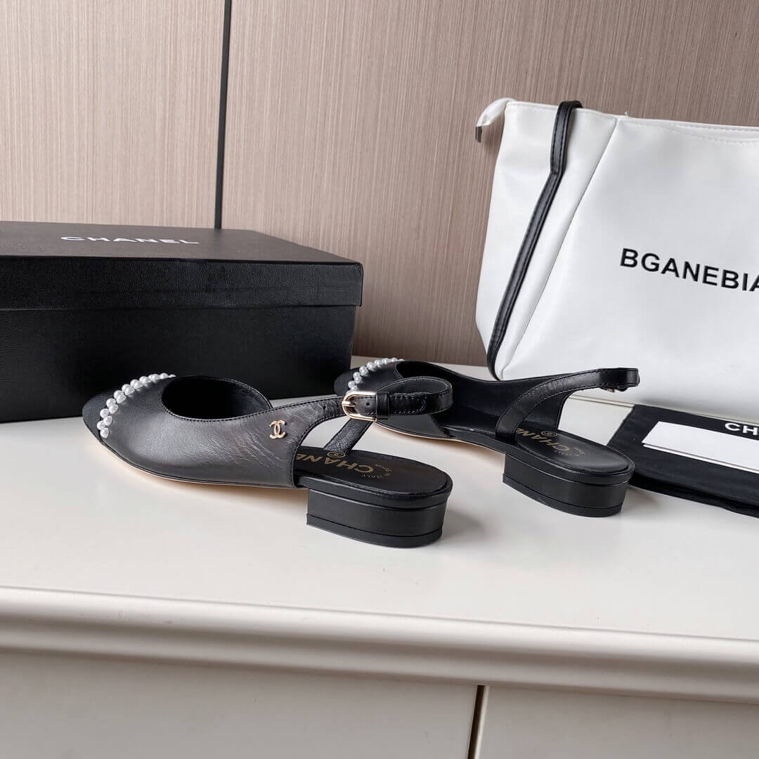 Chanel Pearl Embellished CC Cap Toe Flat Slingbacks 36125