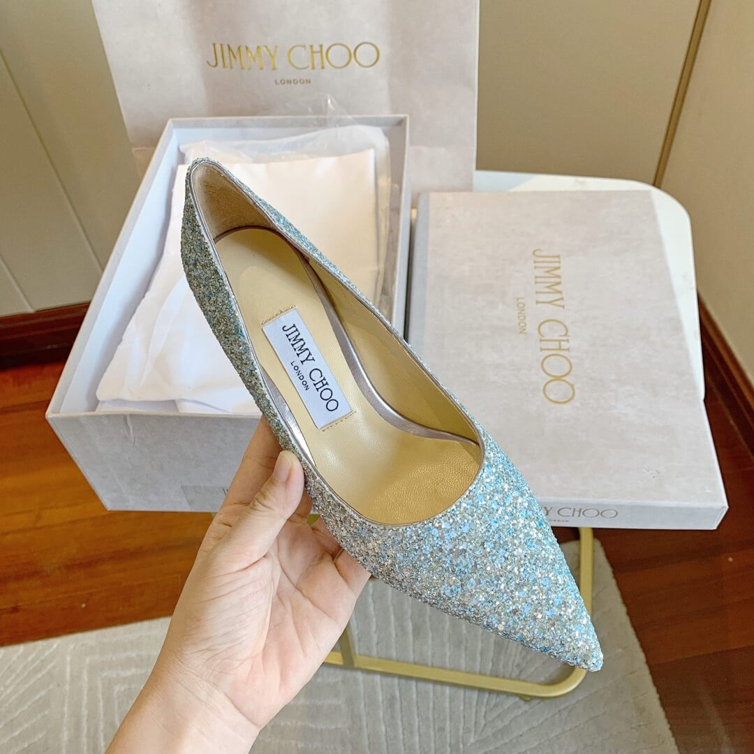 Jimmy Choo Silver Romy Glitter Fabric Pointy Toe Pumps 120011