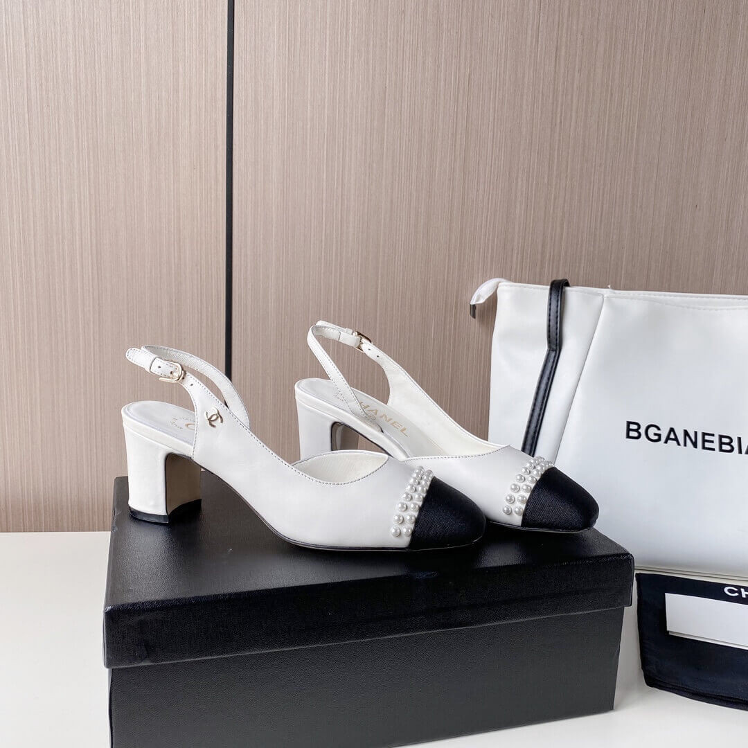 Chanel Pearl Embellished CC Cap Toe Slingbacks 36124