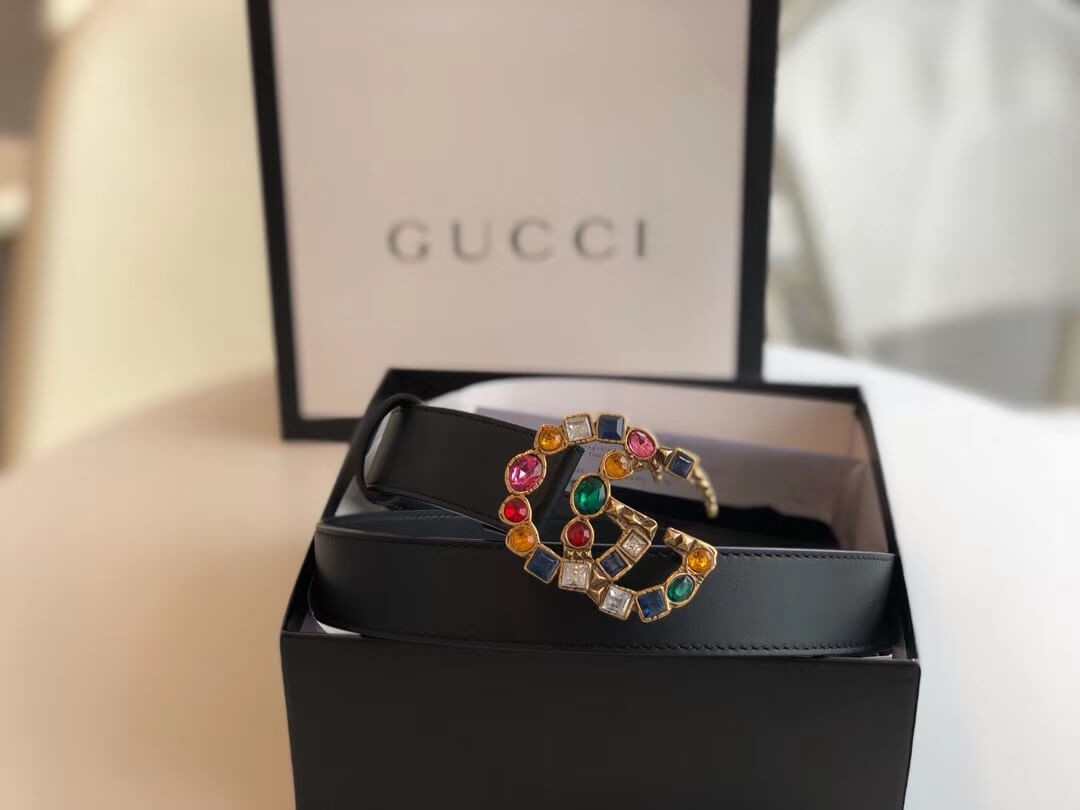 Gucci 40mm Leather Belt With Crystal Double G Buckle 513183