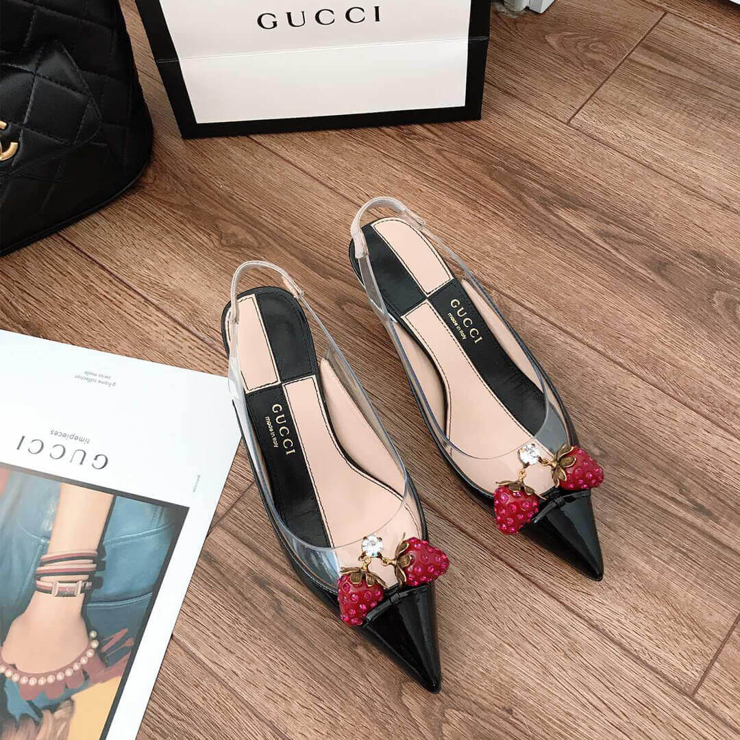 Gucci Eleonor Strawberry Patent Slingback Pumps 286148 Black