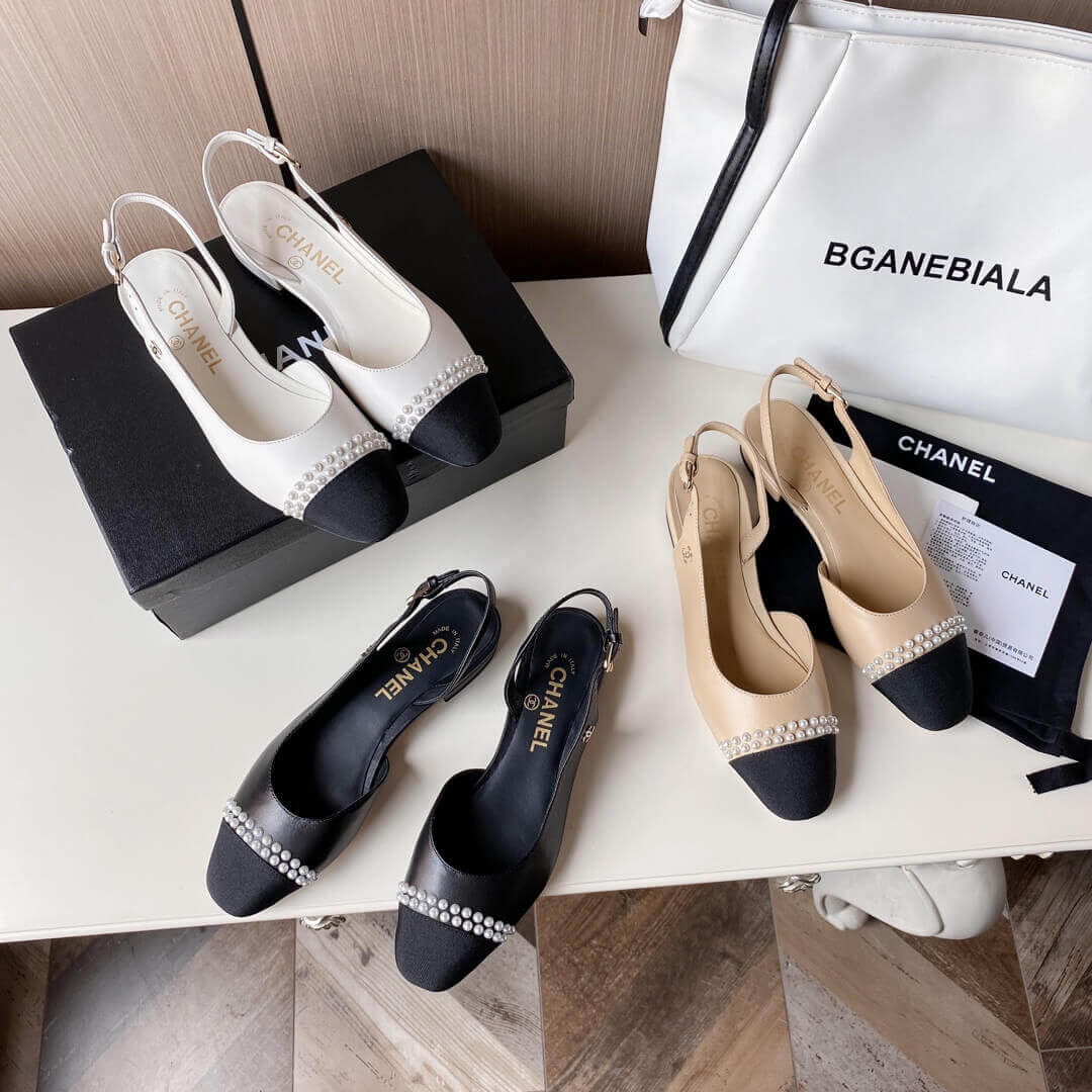 Chanel Pearl Embellished CC Cap Toe Slingbacks 36124