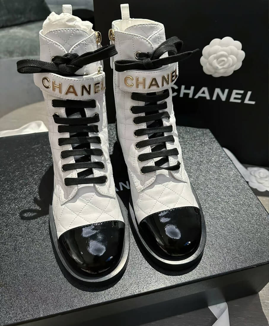 Chanel Quilted Lambskin & Patent Calfskin Lace Up Combat Boots G45005