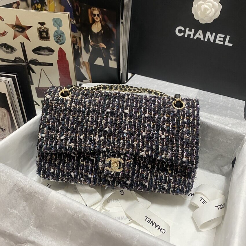 Chanel Classic Flap Bag in Navy Blue & Multicolor Glittered Tweed 1112