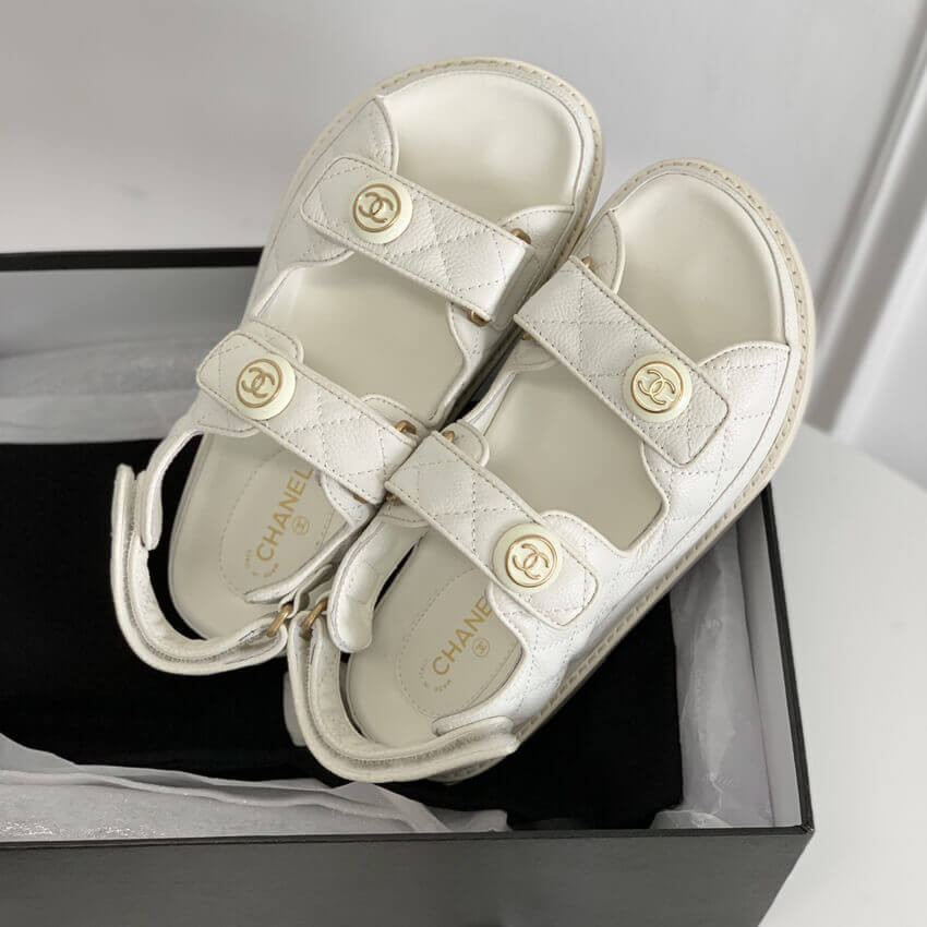 Chanel CC Button Velcro Sandals Grained Calfskin Leather 261157