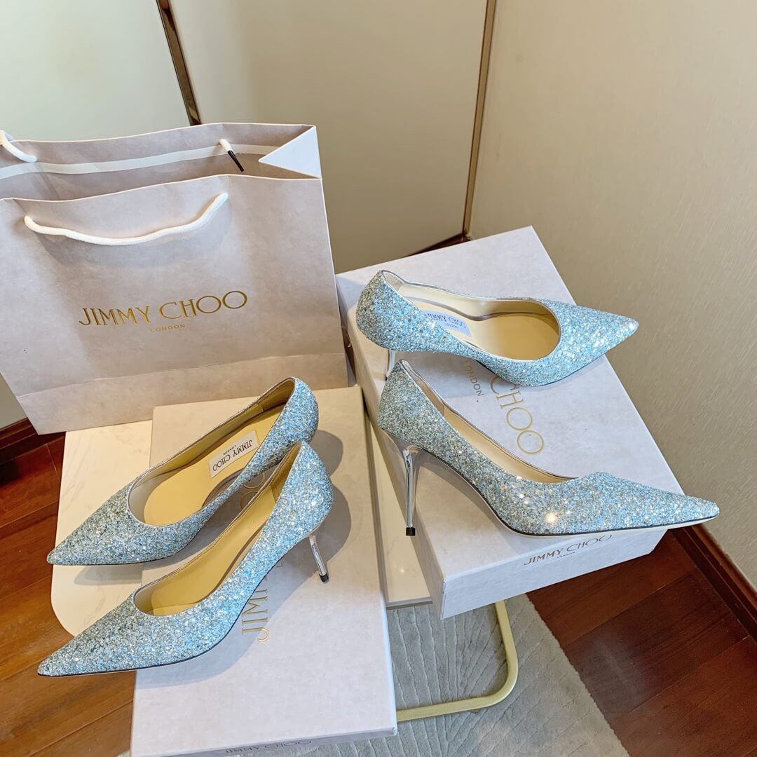 Jimmy Choo Silver Romy Glitter Fabric Pointy Toe Pumps 120011