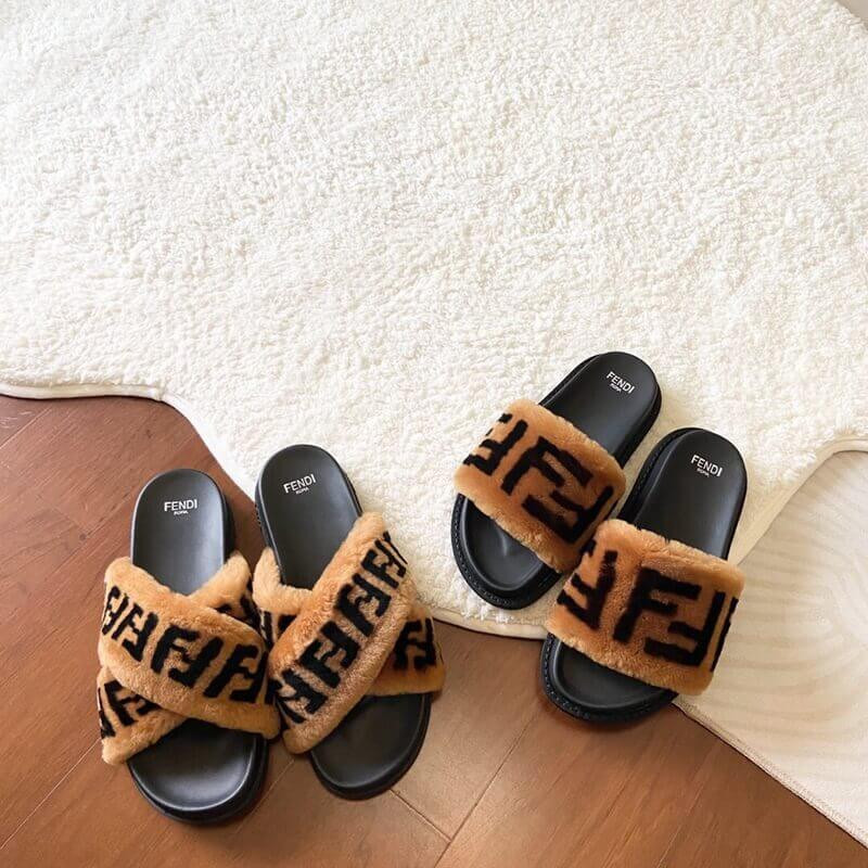 Fendi Logo Shearling Fur Slides Sandals F126
