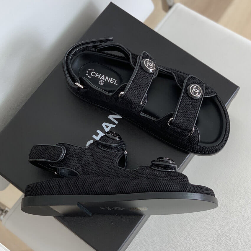 Chanel CC Button Velcro Sandals Technical Fabric/Calfskin Leather 261156