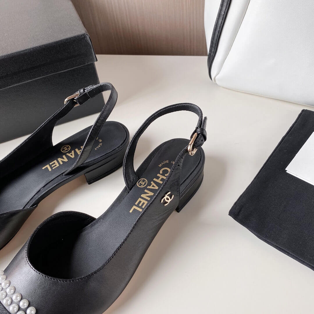 Chanel Pearl Embellished CC Cap Toe Flat Slingbacks 36125