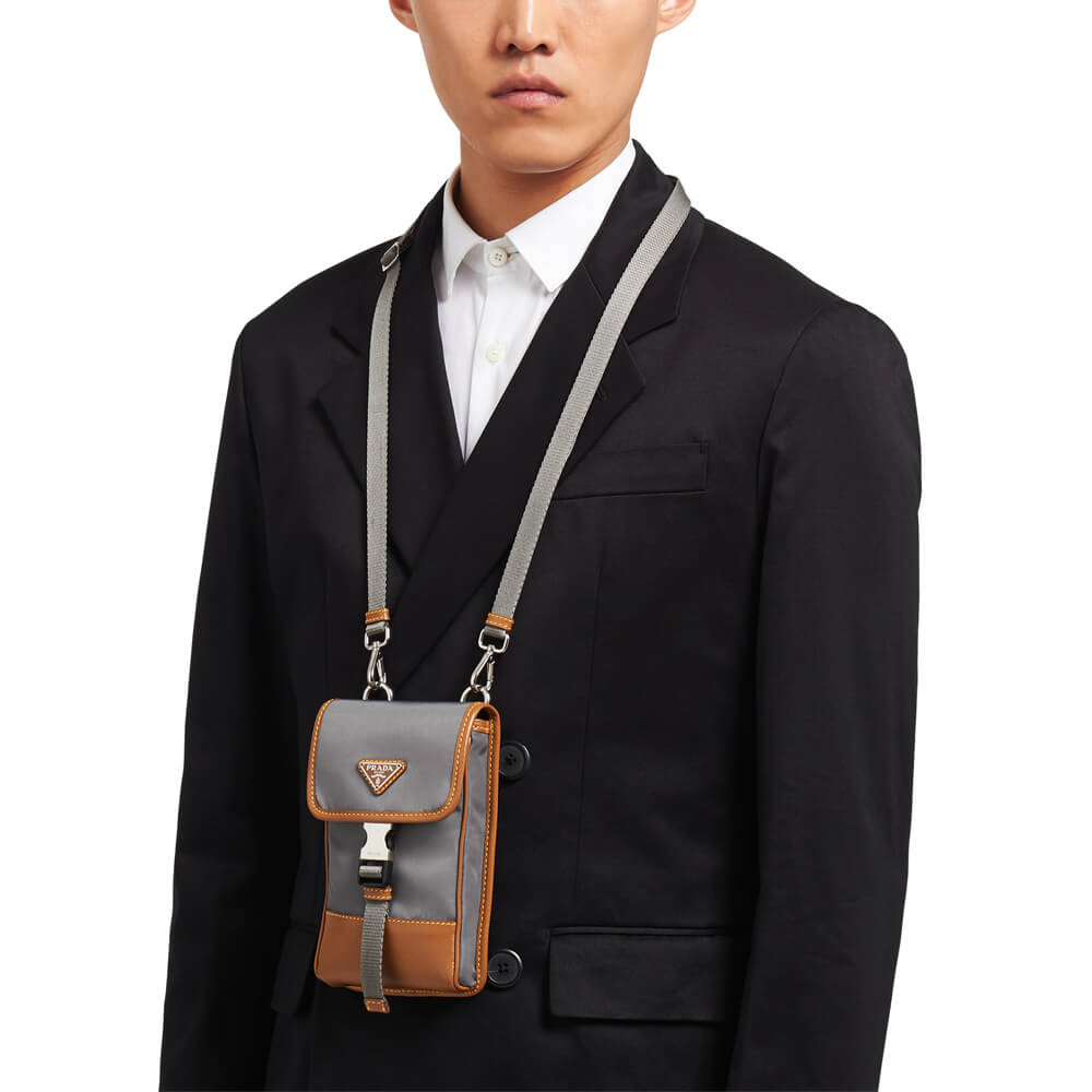 Prada Nylon and Saffiano Leather Smartphone Case 2ZH109 Gray/Caramel