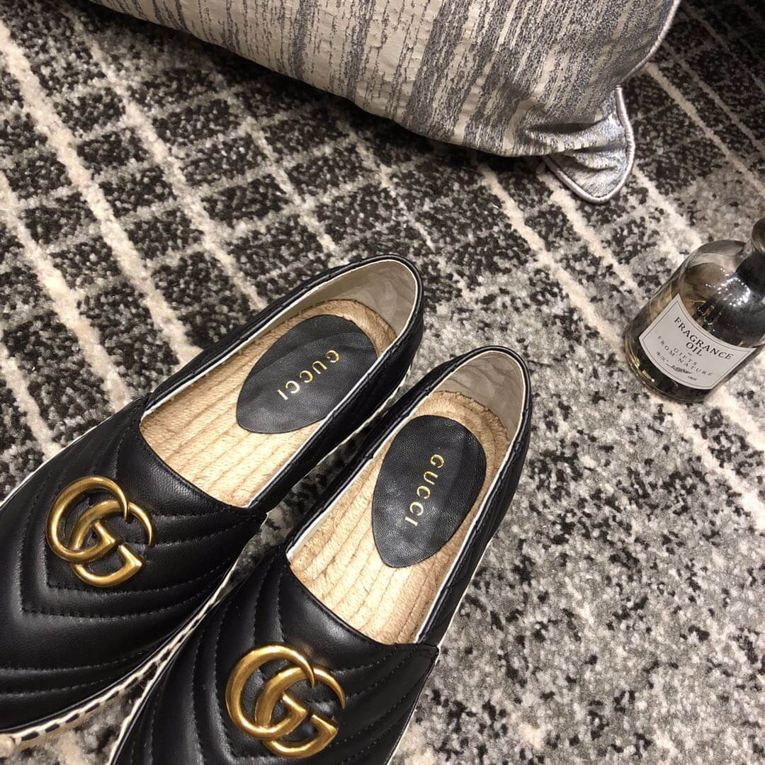 Gucci Chevron Leather Espadrille With Double G 551890 Black