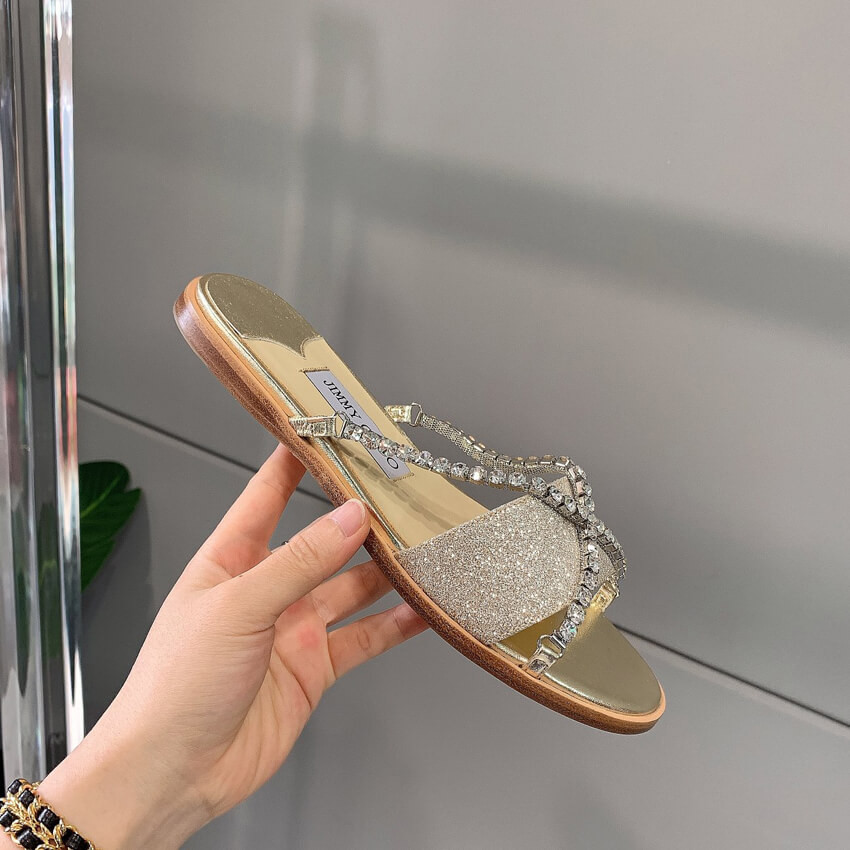 Jimmy Choo Aadi Platinum Ice Dusty Glitter Flats With Crystal Chain C6137