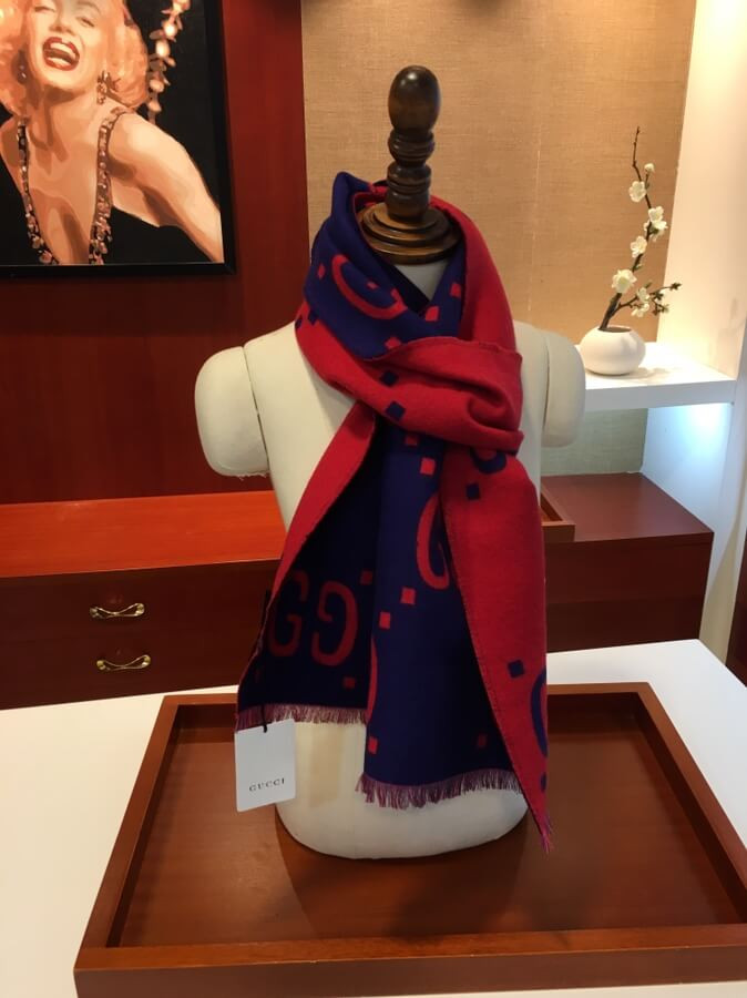 Gucci GG Jacquard Wool Silk Scarf 495592 Blue/Red