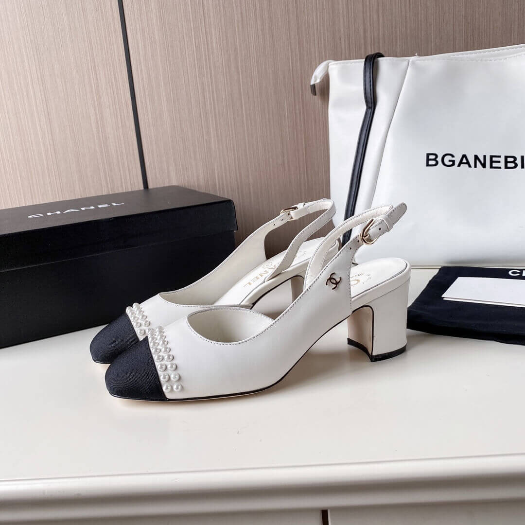 Chanel Pearl Embellished CC Cap Toe Slingbacks 36124
