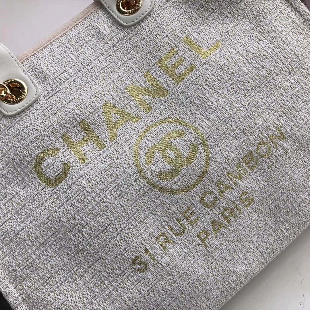 Chanel Deauville Tote 38cm Canvas Bag A66941 Beige/White