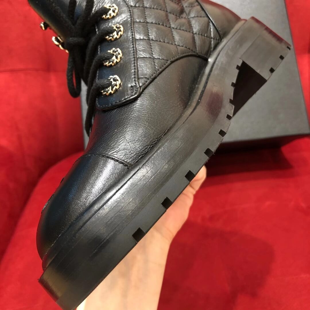 Chanel Black Quilted Leather Lace Up Boots