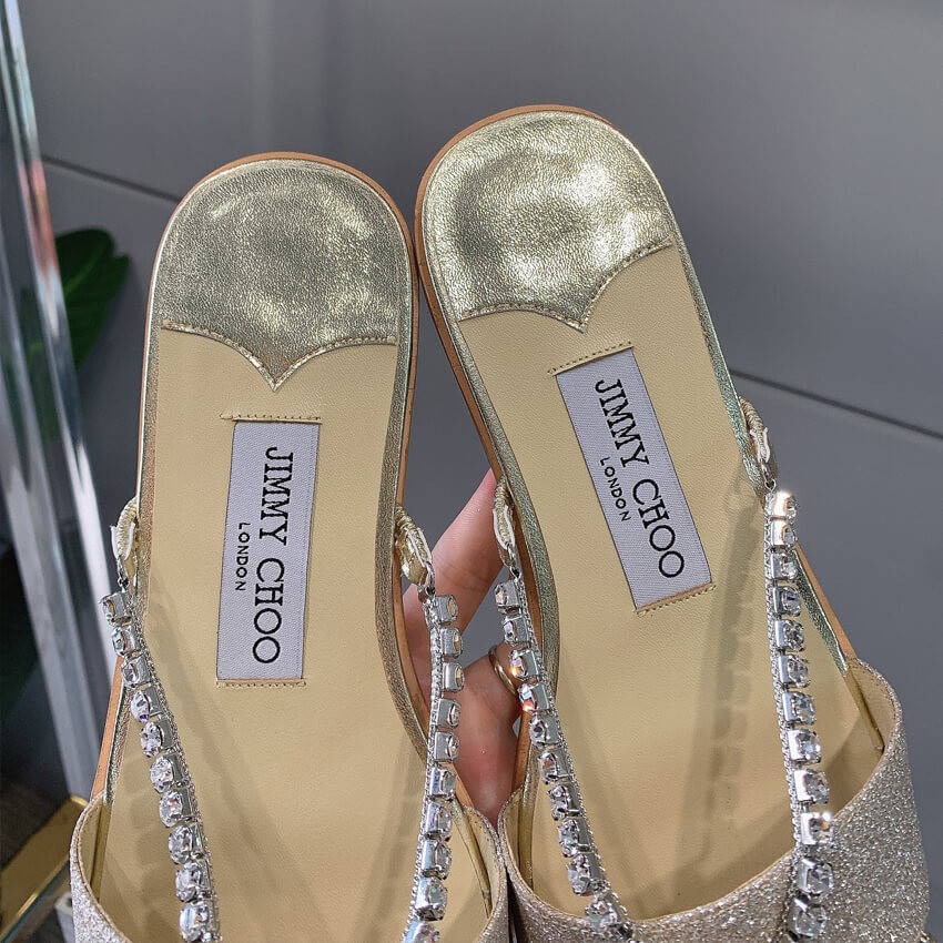 Jimmy Choo Aadi Platinum Ice Dusty Glitter Flats With Crystal Chain C6137