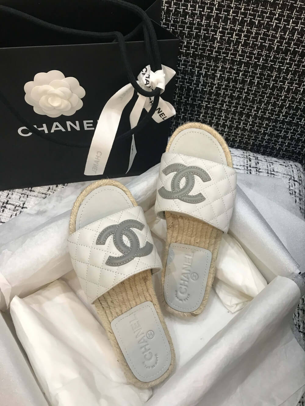 Chanel CC Quilted Mules G35604 White/Grey