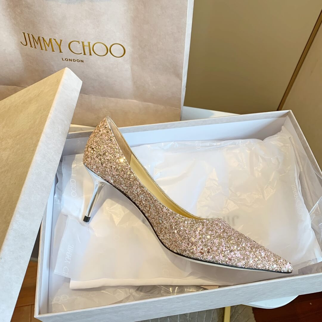 Jimmy Choo Pink Gold Romy Glitter Fabric Pointy Toe Pumps 120011