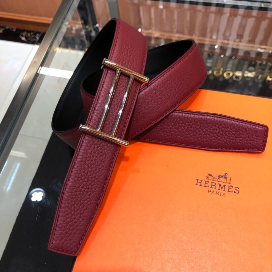 Hermes Rider Belt Buckle & Reversible Leather Strap 40mm H075372 Burgundy/Black