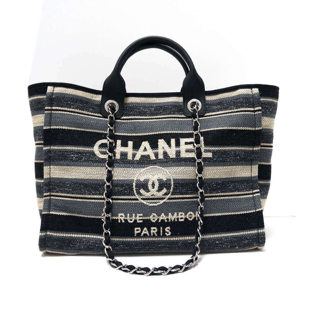 Chanel Deauville Black Grey Striped Tweed Canvas Tote A66941