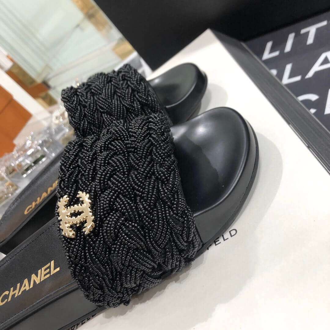 Chanel Pearls & Lambskin Black Mules G35696