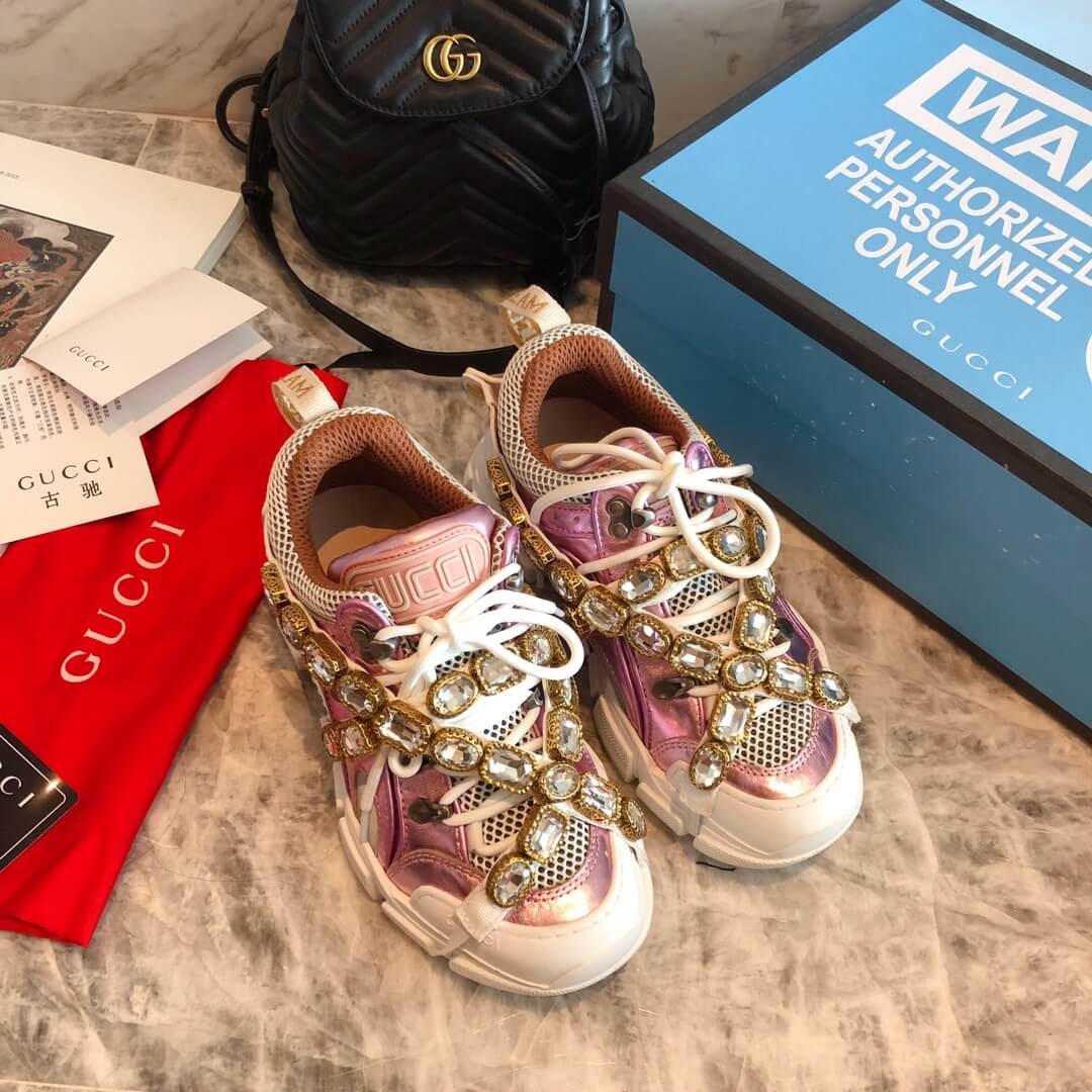 Gucci Flashtrek Sneaker With Removable Crystals 537133 Pink Metallic