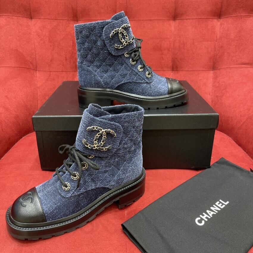 Chanel Blue Denim Quilted Lace Up Boots G36424