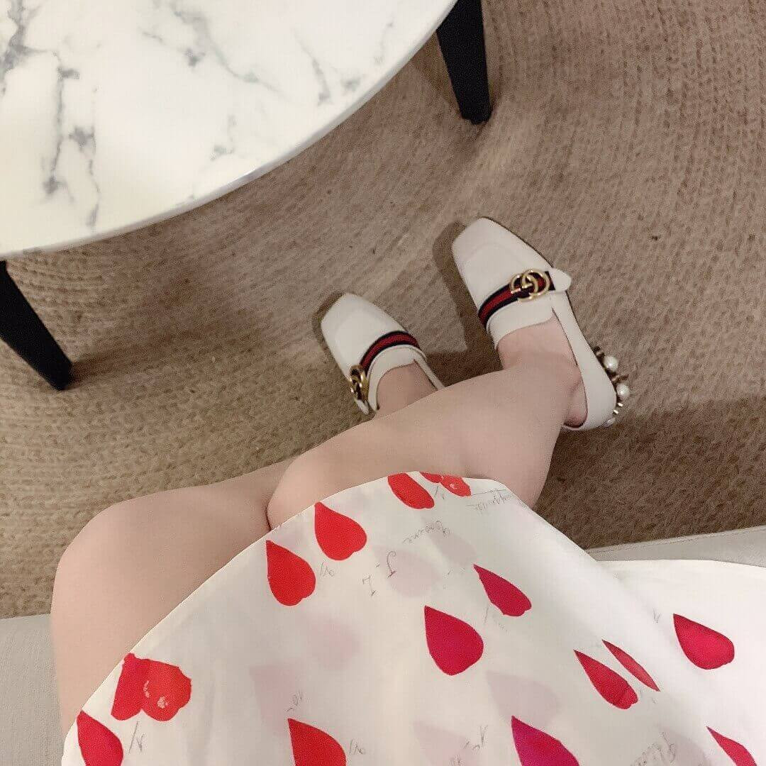 Gucci Calfskin Web Pearl Embellished Mid-Heel Loafer 423559