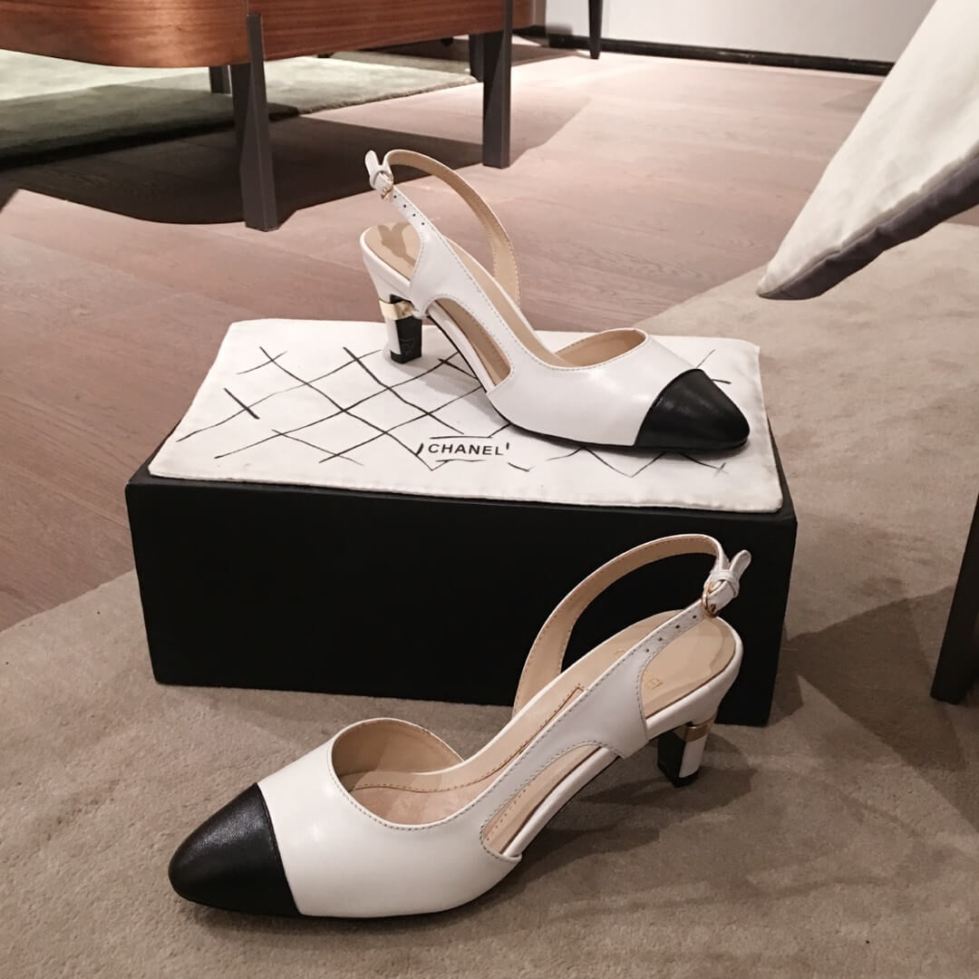 Chanel CC Cap Toe Leather Pearl Heel Slingback Pumps G31318
