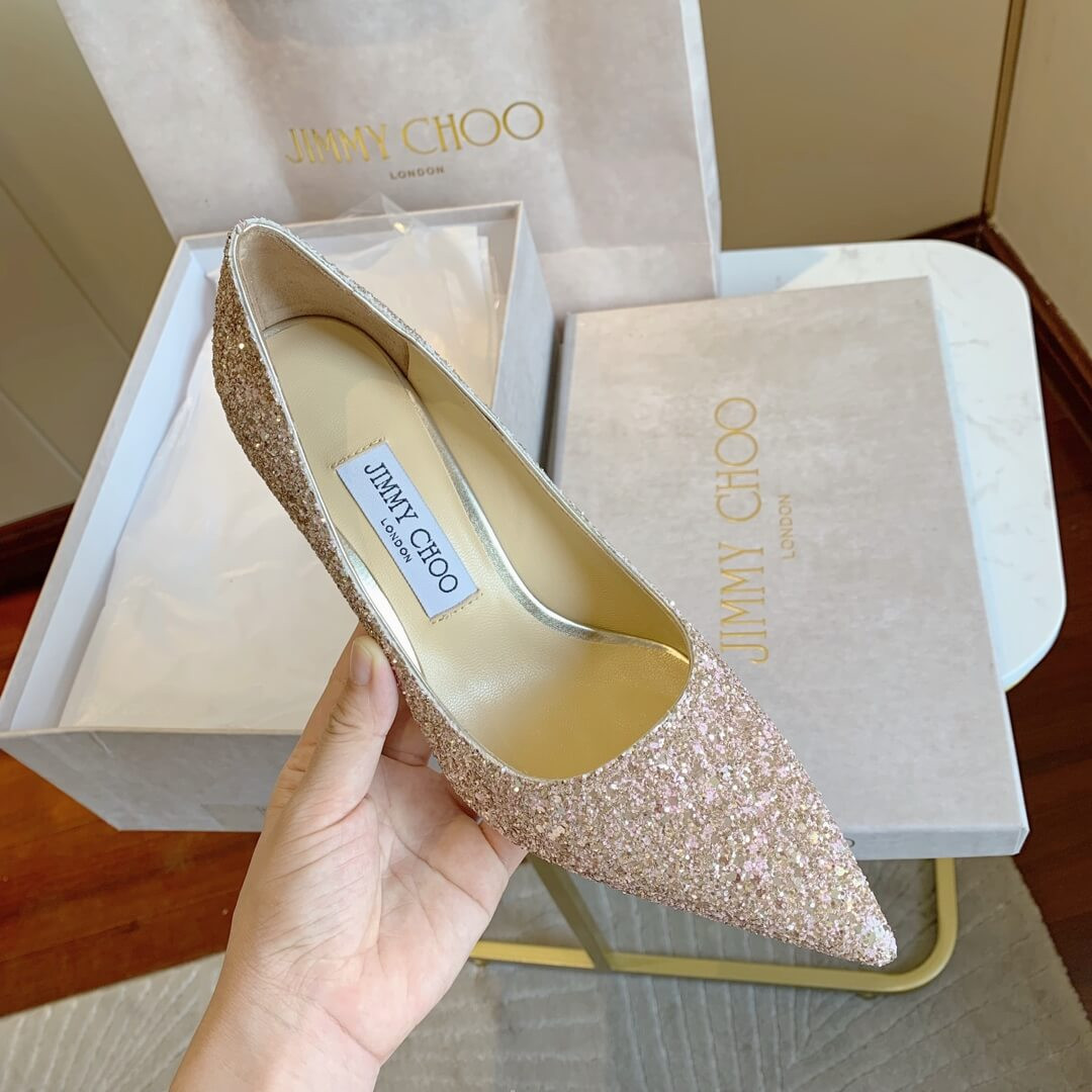 Jimmy Choo Pink Gold Romy Glitter Fabric Pointy Toe Pumps 120011