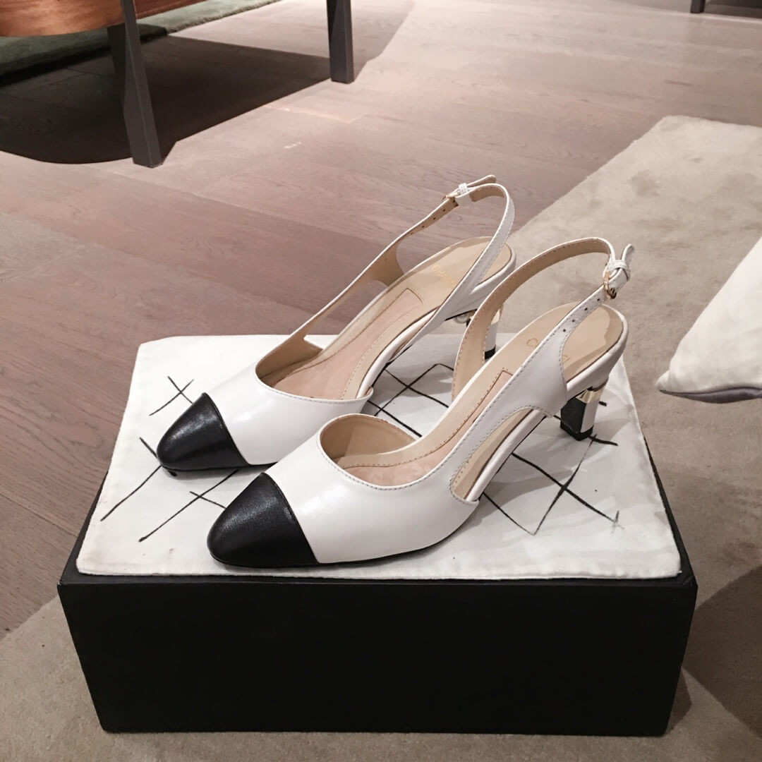 Chanel CC Cap Toe Leather Pearl Heel Slingback Pumps G31318